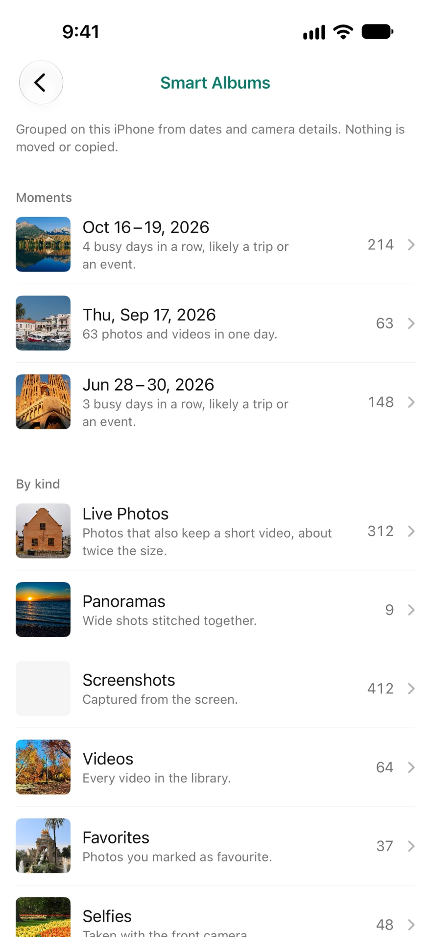 Smart Albums: busy days and trips by date, then Live Photos, panoramas, screenshots, videos and selfies.