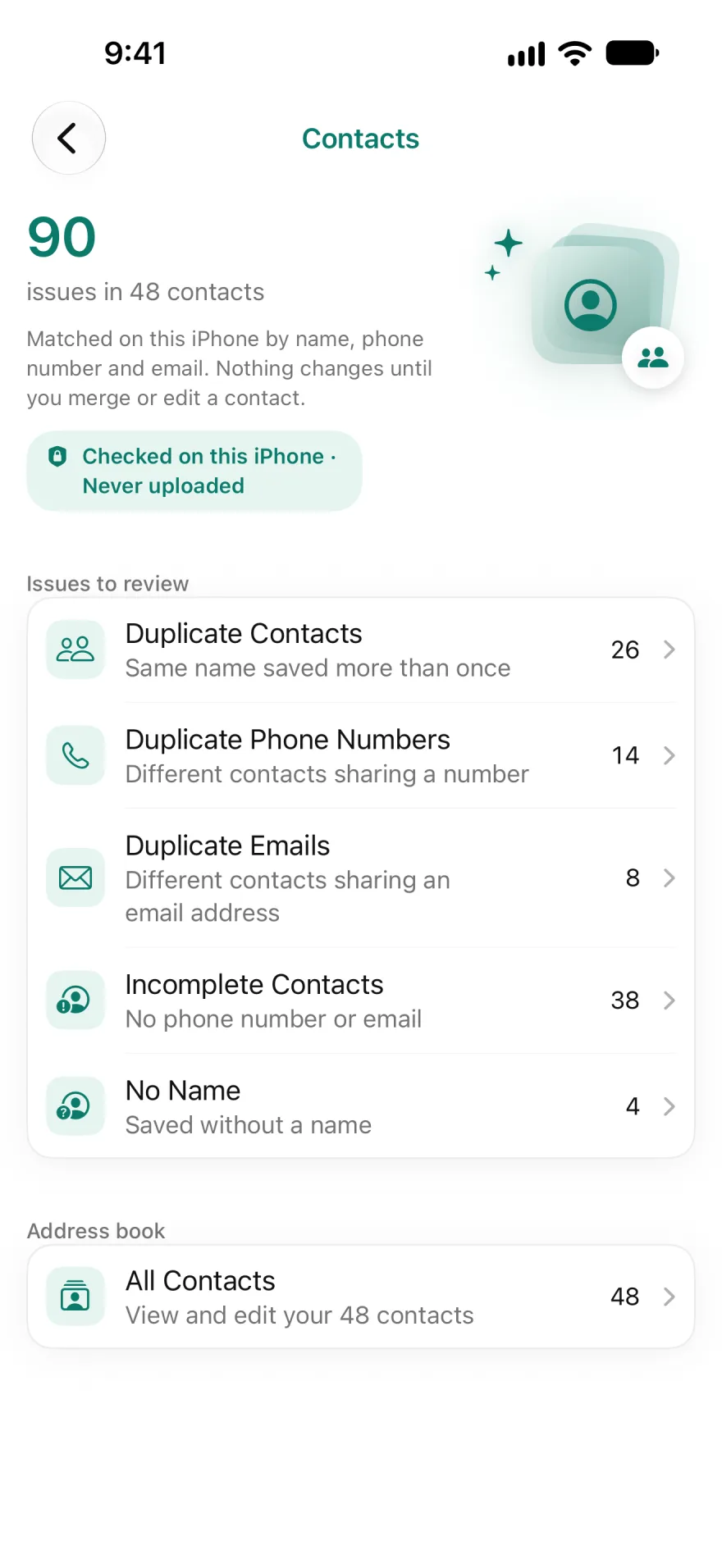 Contacts screen listing duplicate contacts, phone numbers and emails, incomplete contacts and contacts with no name.