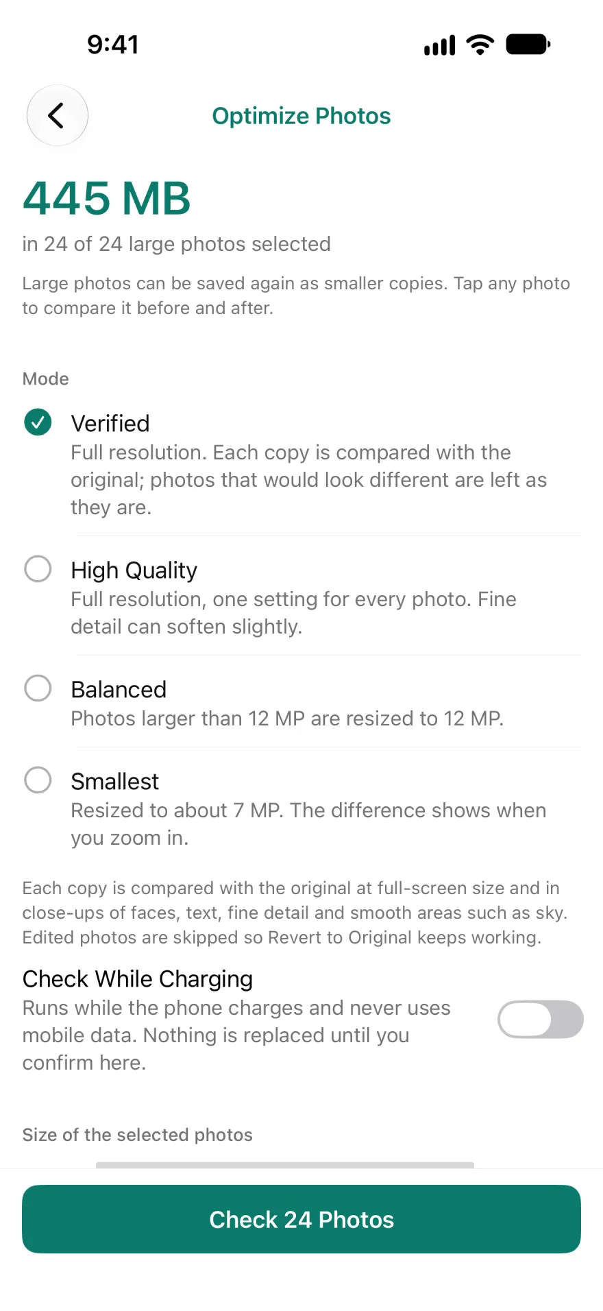 Optimize Photos: 445 MB in 24 large photos, with Verified, High Quality, Balanced and Smallest modes.