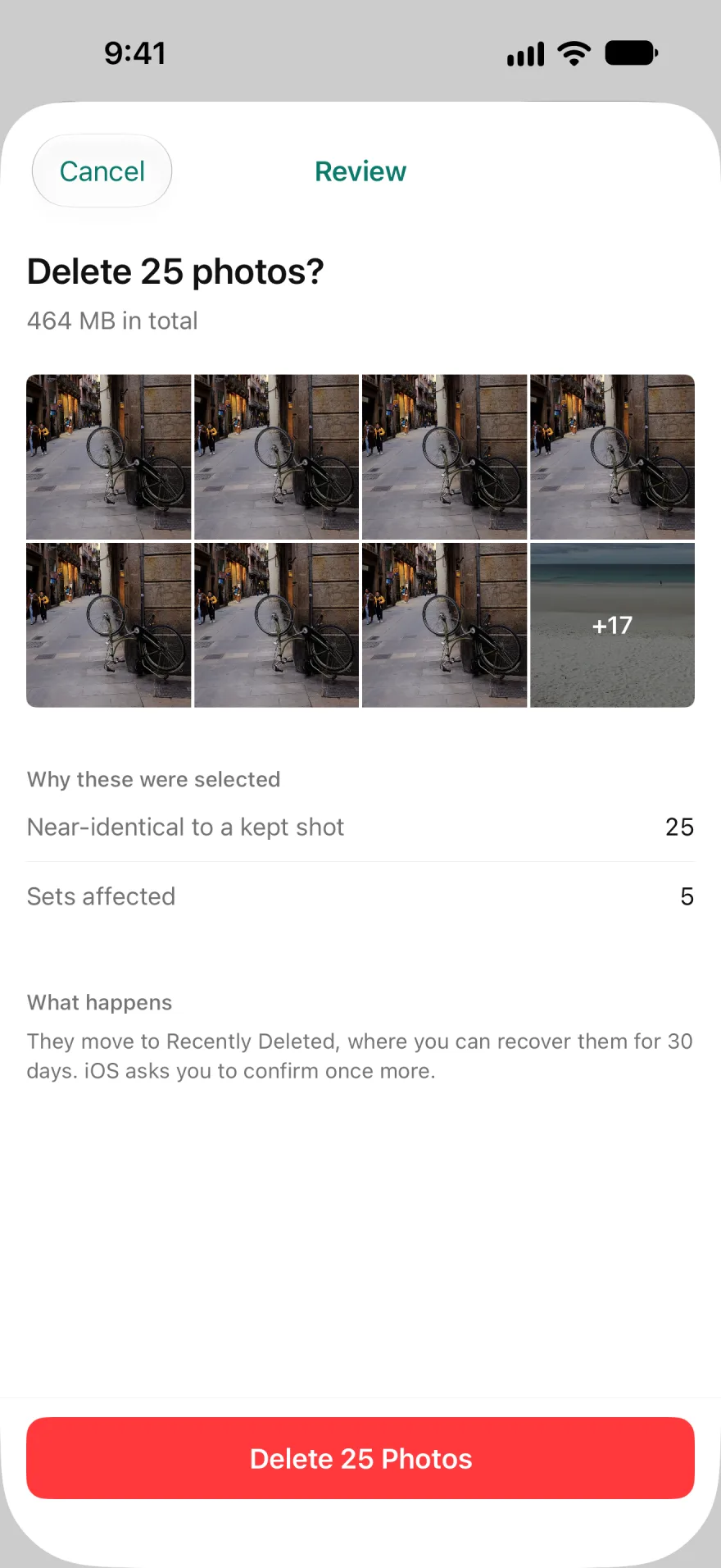 The review sheet: Delete 25 photos, why they were selected, and that they move to Recently Deleted for 30 days.